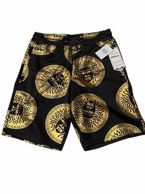 NWT Drill Clothing Company Black & Gold Medallion Men's Board Shorts